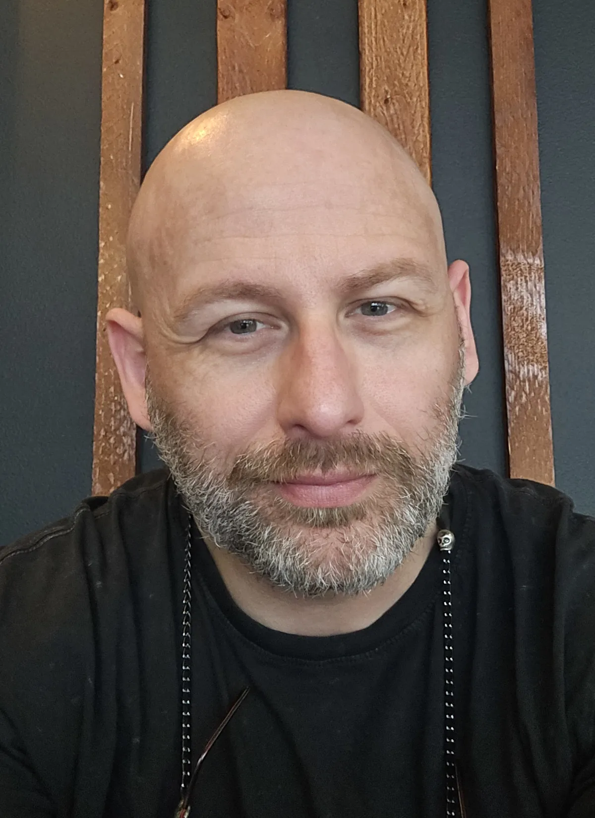 A handsome man named Will: He's smirking at the camera with a shaved head and a salt and pepper beard that's mostly salt at this point, matching his general demeanor)