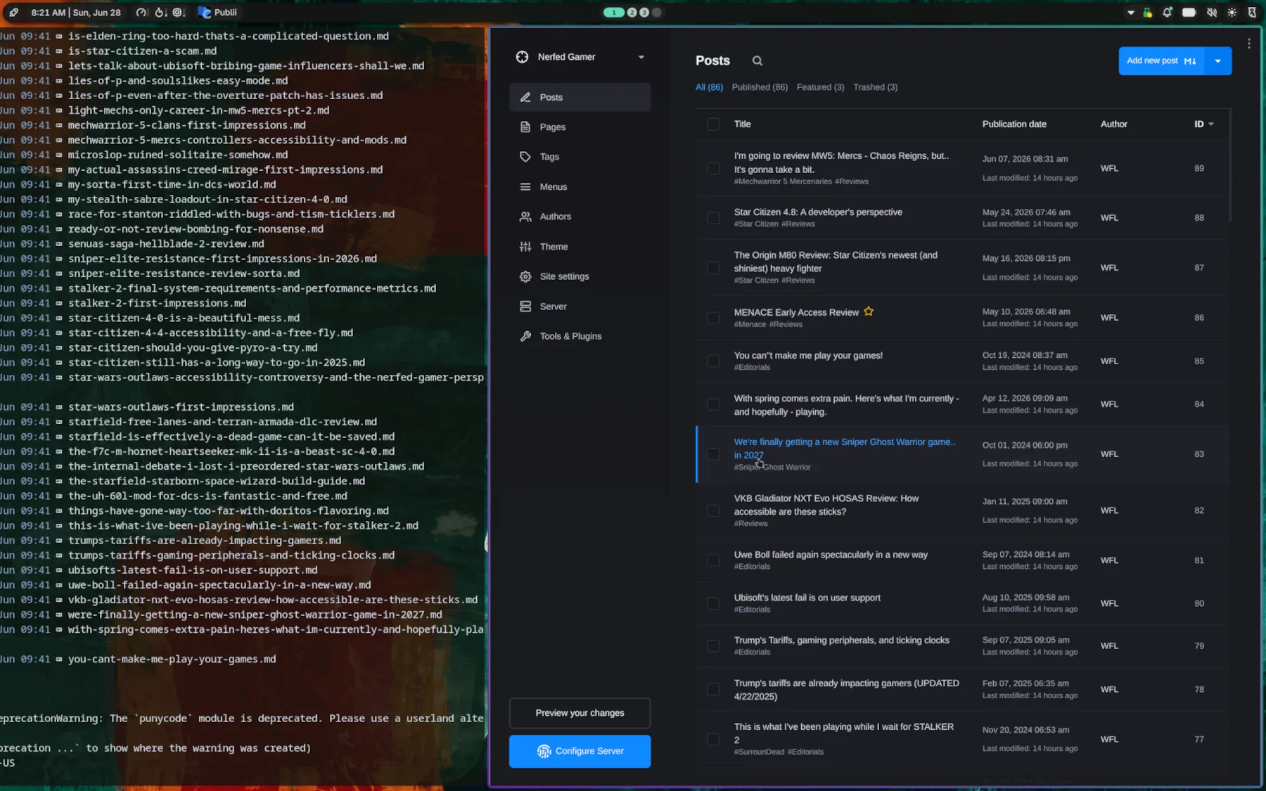 A screenshot showing part of a terminal window listing markdown files, and a window for the Publii CMS filled with posts.