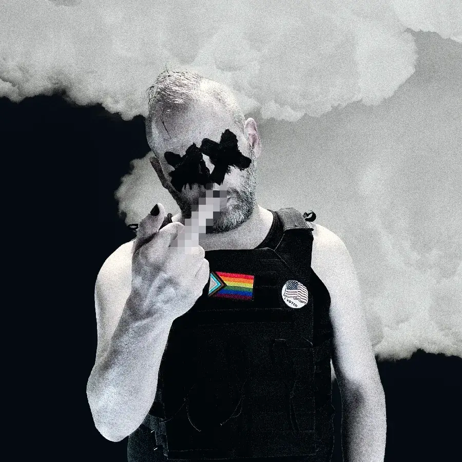 A heavily edited portrait of Will Leffert with crossed out eyes, wearing a black plate carrier with a pride flag patch and an "I Voted" sticker, flipping off the camera - except the middle finger is pixelated out.